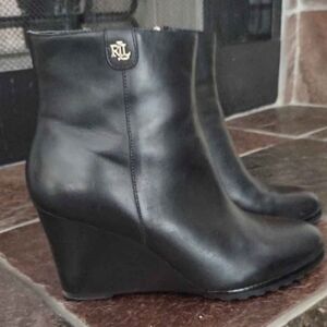 Ralph Lauren Black Leather Wedge Ankle Booties with Gold RL Emblem